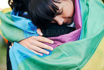 Buy stock photo Lesbian, hug and flag with women for love, lgbtq and romance, connection and acceptance. Gay, pride and rainbow flag with woman embrace lover, sweet and in love while enjoying their relationship