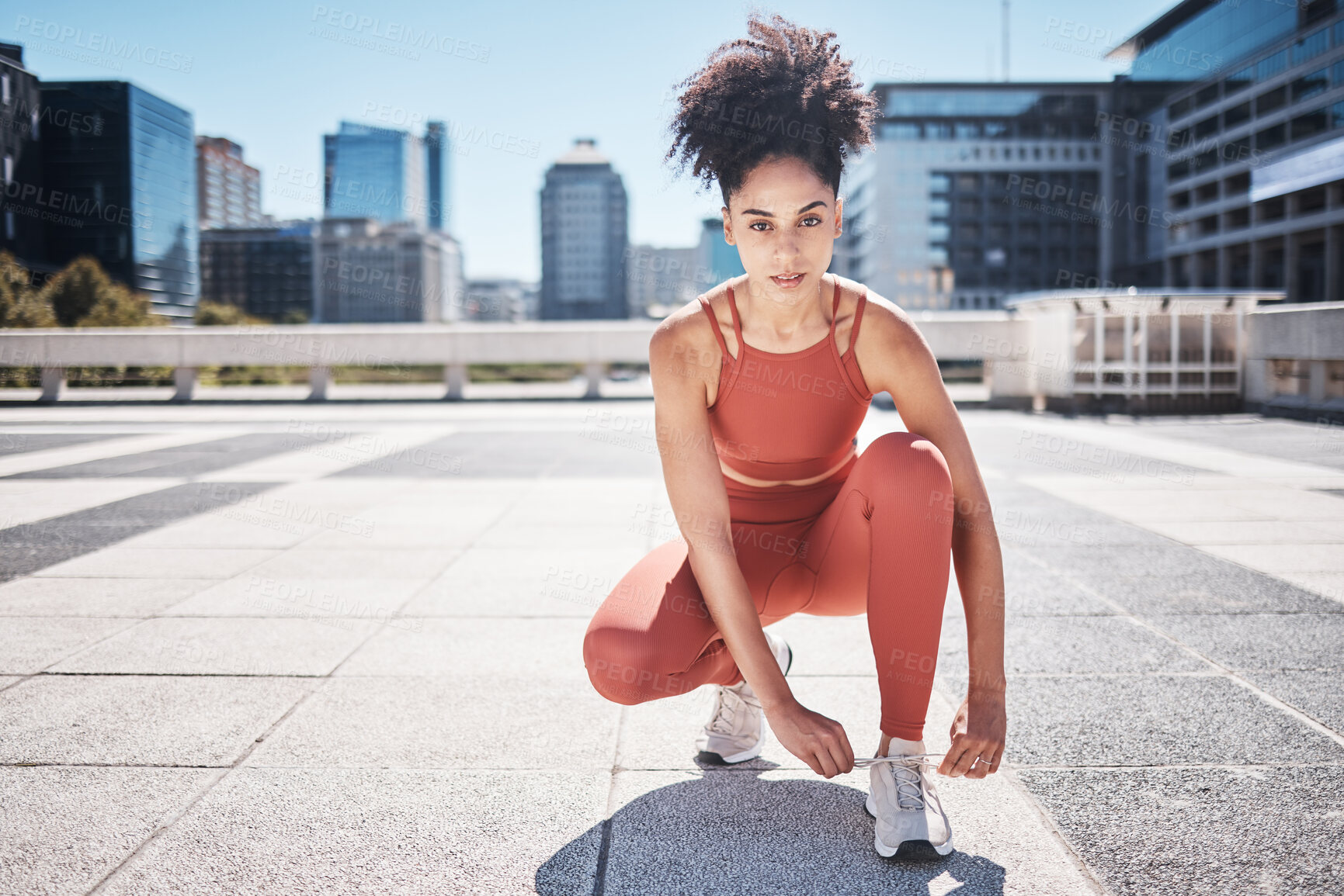 Buy stock photo Fitness, portrait and black woman tie shoes getting ready for training in city. Face, sports and female runner tying sneaker lace and preparing for workout jog, running or exercise outdoors on street
