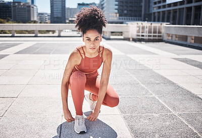 Buy stock photo Portrait, fitness and black woman tie shoes getting ready for training in city. Face, sports and female runner tying sneaker lace and preparing for workout jog, running or exercise outdoors on street