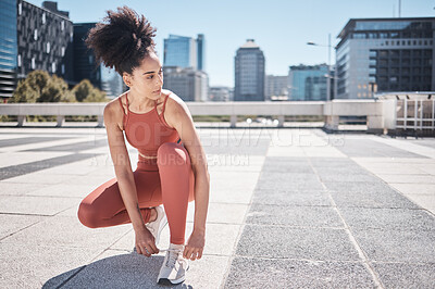 Buy stock photo Sports, fitness and black woman tie shoes getting ready for training in city. Face, thinking and female runner tying sneaker lace and preparing for workout jog, running or exercise outdoors on street