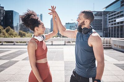 Buy stock photo Holding hands, support and couple training in the city, fitness motivation and cardio success in Brazil. Love, achievement and excited athlete man and woman with affection during outdoor exercise