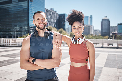 Buy stock photo Portrait, sports fitness and couple in city ready for workout, training or exercise. Diversity, face and happy man and woman standing on street preparing for running, jog or cardio outdoors together.