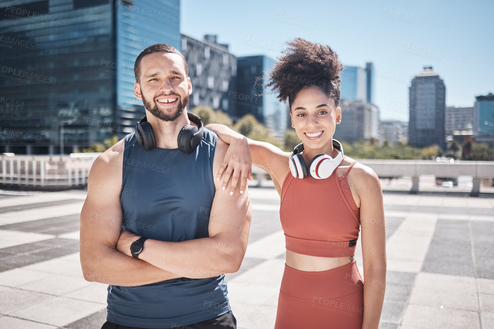 Buy stock photo Portrait, sports fitness and couple in city ready for workout, training or exercise. Diversity, face and happy man and woman standing on street preparing for running, jog or cardio outdoors together.