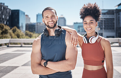 Buy stock photo Sports fitness, portrait and couple in city ready for workout, training or exercise. Face, diversity and happy man and woman standing on street preparing for running, jog or cardio outdoors together.