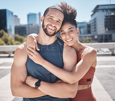 Buy stock photo Fitness, portrait and couple of friends in city workout, training or exercise in support, love and motivation with hug for teamwork. Urban, sports and athlete friends smile for cardio or muscle goals