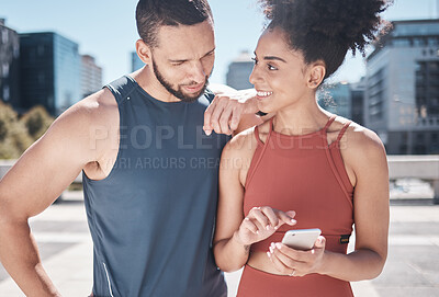 Buy stock photo Fitness, city and black couple with phone for workout, running exercise and marathon training. Love, sports and man and woman on smartphone for social media, internet and health progress mobile app
