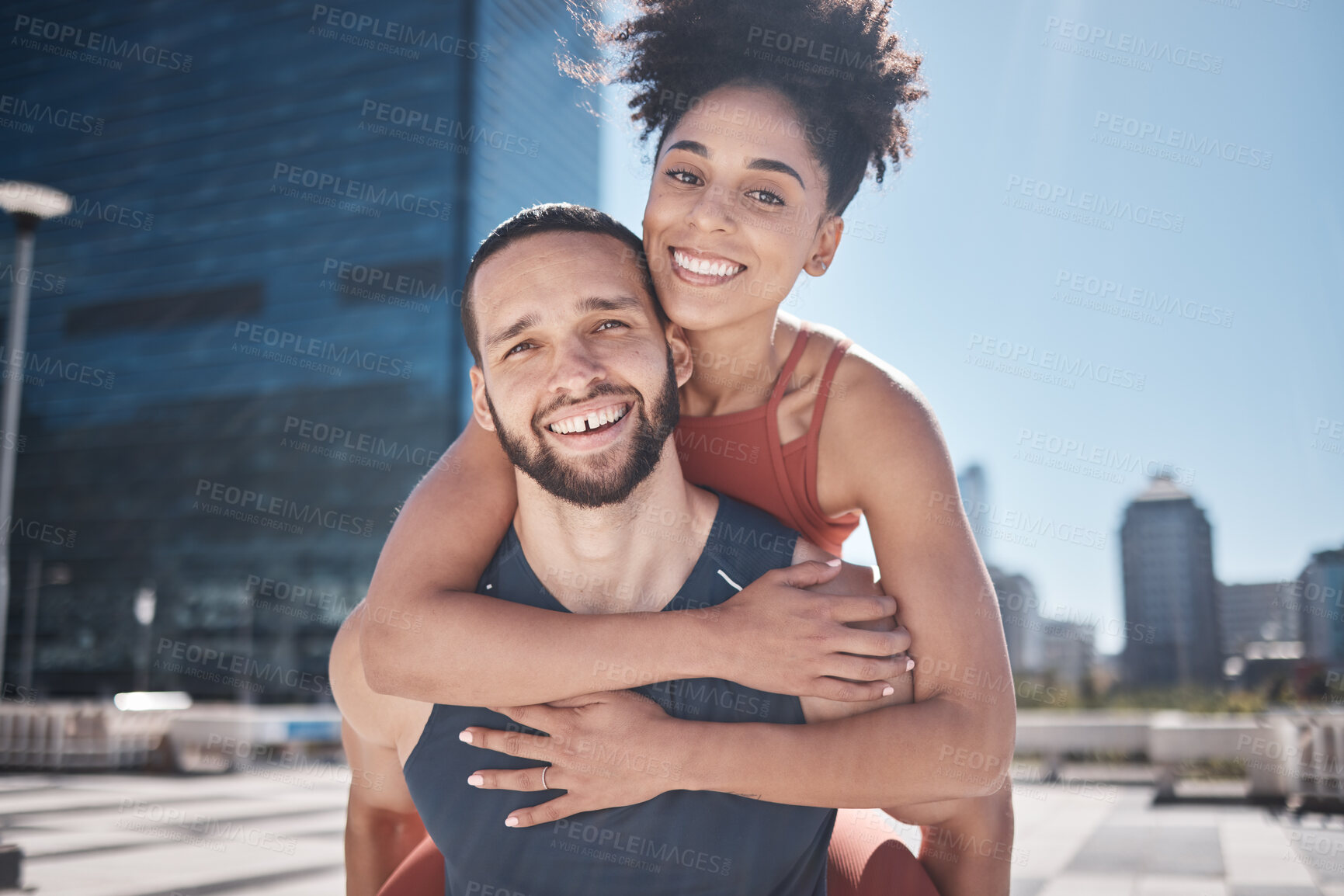 Buy stock photo Fitness, piggyback and couple of friends in city workout, training or exercise portrait for support, love and energy with teamwork. Urban, sports and strong, athlete black people with cardio goals