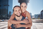 Fitness, piggyback and young couple in outdoor workout, training or exercise portrait for support, love and hug with teamwork in city. Urban, sports and athlete or friends face smile for cardio goals