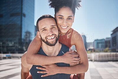 Buy stock photo Fitness, piggyback and young couple in outdoor workout, training or exercise portrait for support, love and hug with teamwork in city. Urban, sports and athlete or friends face smile for cardio goals