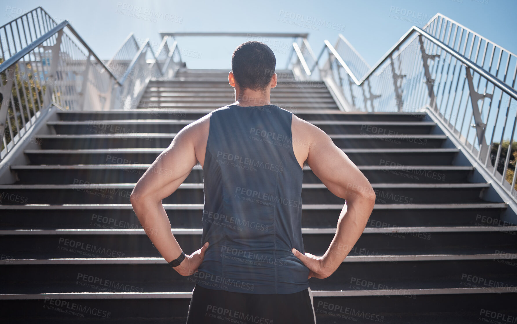 Buy stock photo Fitness, man and stairs for sport in city for running, exercise or healthy cardio preparation. Muscular sporty male ready for training, workout or sports run for wellness by staircase in urban town