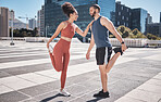 Fitness, city and couple stretching legs for exercise, health or wellness. Sports runner, diversity or happy man and woman warm up, prepare or getting ready for training or running outdoors on street