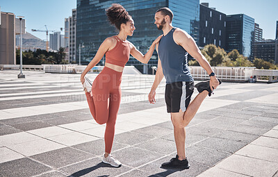 Buy stock photo Fitness, city and couple stretching legs for exercise, health or wellness. Sports runner, diversity or happy man and woman warm up, prepare or getting ready for training or running outdoors on street