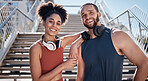 Happy black couple, stairs and portrait for training with music, smile and outdoor for workout together. Exercise team, couple and support for body health, summer training and wellness in Cape Town