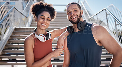 Buy stock photo Happy black couple, stairs and portrait for training with music, smile and outdoor for workout together. Exercise team, couple and support for body health, summer training and wellness in Cape Town