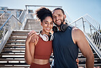 Happy, fitness and portrait of a couple in the city, training support and workout smile in Spain. Cardio love, happiness and athlete man and woman with affection during running outdoor exercise