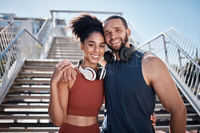 Buy stock photo Happy, fitness and portrait of a couple in the city, training support and workout smile in Spain. Cardio love, happiness and athlete man and woman with affection during running outdoor exercise