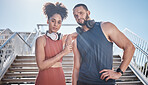Black couple, city stairs portrait and fitness with headphones, music and motivation at outdoor workout. Exercise couple, teamwork and support for health, urban training and development of wellness