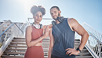 Black couple, stairs portrait and fitness with headphones for music, motivation and outdoor urban workout. Exercise team, couple and support for health, wellness training and development in summer