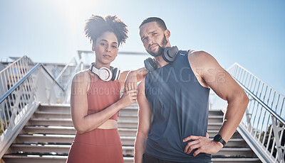 Buy stock photo Black couple, stairs portrait and fitness with headphones for music, motivation and outdoor urban workout. Exercise team, couple and support for health, wellness training and development in summer