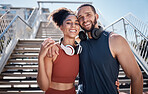 Support, smile and portrait of a couple training in the city, happy running and fitness in Brazil. Happiness, friends and man and woman with affection during stairs exercise for cardio health