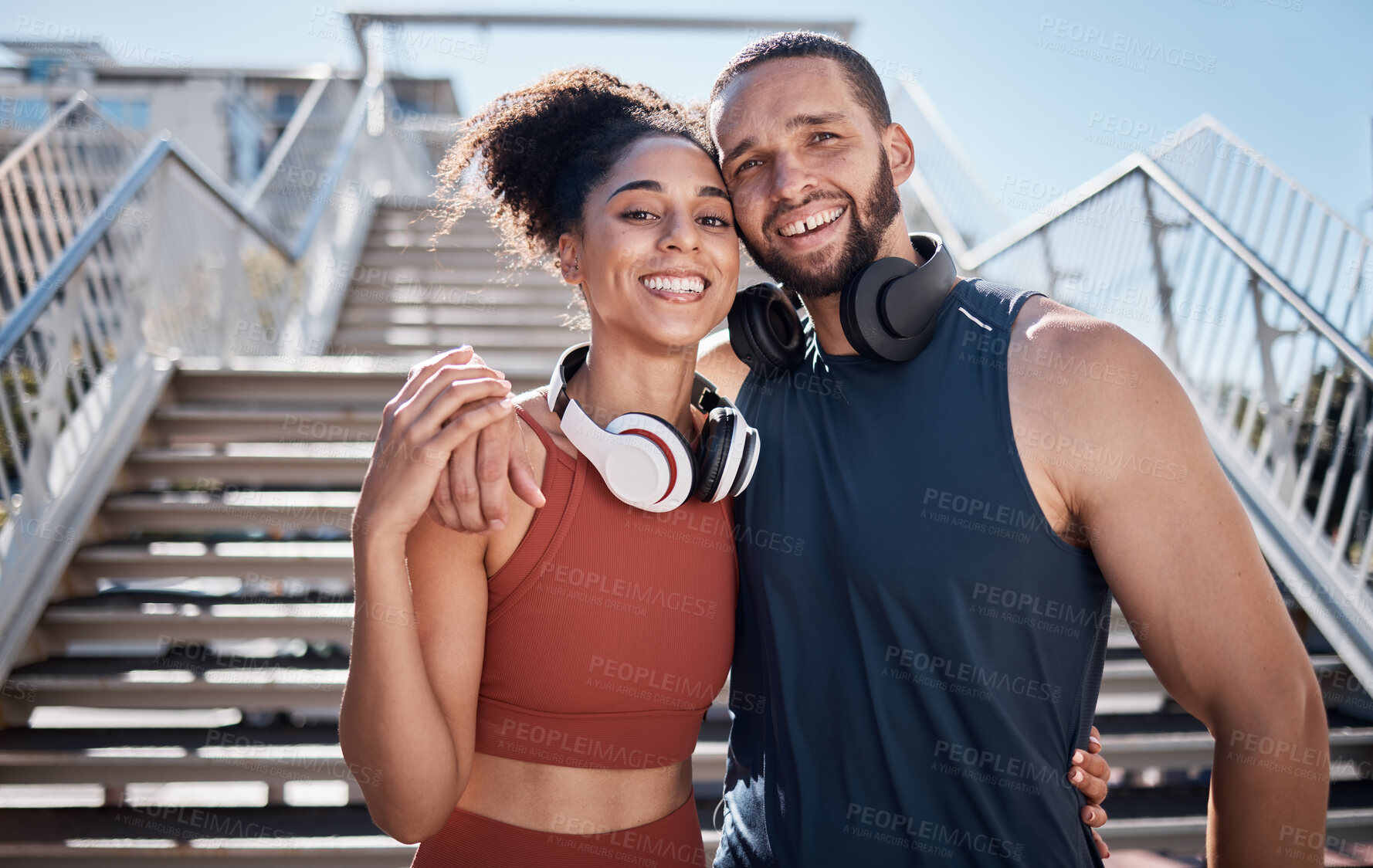 Buy stock photo Support, smile and portrait of a couple training in the city, happy running and fitness in Brazil. Happiness, friends and man and woman with affection during stairs exercise for cardio health