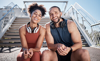 Buy stock photo Sports, love and couple on stairs in city on break from exercise workout with smile and headphones. Motivation, health and fitness goals, man and woman rest on New York steps on morning training run.