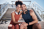 Couple, fitness and smile with hug in the city for break from running exercise, training or workout on steps. Portrait of happy man and woman smiling in relax for healthy cardio exercising outside