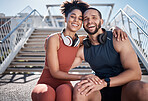 Friends, fitness and portrait smile with hug in the city for break from running exercise, training or workout on steps. Happy man and woman smiling in relax for healthy cardio exercising outside