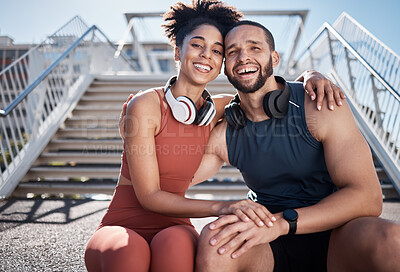 Buy stock photo Friends, fitness and portrait smile with hug in the city for break from running exercise, training or workout on steps. Happy man and woman smiling in relax for healthy cardio exercising outside