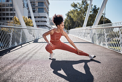 Buy stock photo Sports, stretching legs and woman on ground or city bridge exercise, running and training in sports shoes fashion. Warm up, focus and athlete or black woman workout for body, muscle and health goals