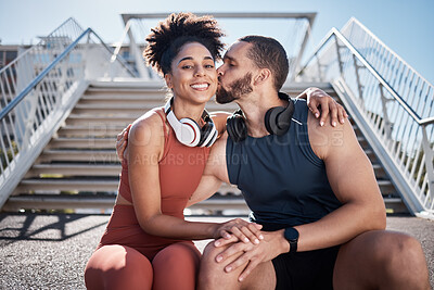 Buy stock photo Sports, love and man kissing woman on stairs in city on break from exercise workout. Motivation, health and fitness goals, couple rest and kiss with smile on morning training run together in New York
