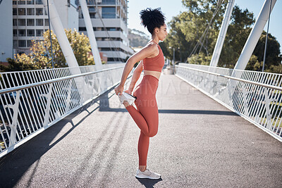 Buy stock photo City, stretching legs and body of woman in fitness exercise, runner workout or training in sports fashion on bridge. Warm up, focus and urban athlete in pilates motivation for muscle and health goals