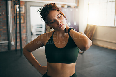 Buy stock photo Fitness, shoulder pain and woman with an injury at gym after strength training or exercise. Sports, medical emergency and injured girl athlete with muscle sprain, ache or inflammation in sport center