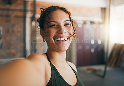 Buy stock photo Fitness portrait, exercise and gym selfie of a woman happy about workout, training motivation and body wellness. Young sports female or athlete with a smile on social media blog for healthy lifestyle