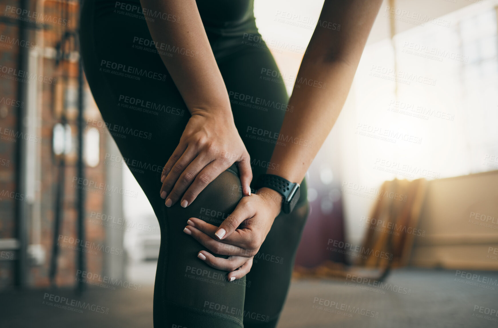 Buy stock photo Knee injury, woman and fitness accident, pain and medical emergency, muscle strain from exercise in gym. Workout, health and wellness, athlete hands with inflammation and injured leg from training
