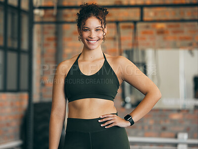 Buy stock photo Fitness portrait, exercise and happy woman at gym for a workout, training and body motivation at health club. Face of sports or athlete female happy about performance, progress and healthy lifestyle