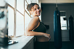Portrait, window and woman with smile, fitness and workout for wellness, healthy lifestyle and exercise. Happy female, lady or athlete with sunshine, training and practice for cardio, energy or power