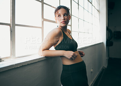 Buy stock photo Pregnancy fitness, thinking and woman at the gym, health training and wellness exercise. Workout, relax and pregnant athlete mother with an idea for healthy cardio for a strong body and baby