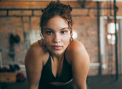 Buy stock photo Fitness, exercise and portrait of a woman at gym for a workout and training for healthy lifestyle and body wellness. Face of sports female or athlete at health club for balance, energy and power