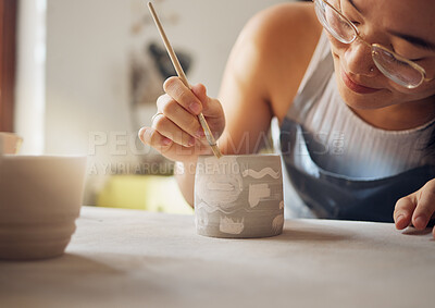 Buy stock photo Woman, pottery studio and painting workshop for sculpture product, creative manufacturing and design startup. Painter, ceramics and brush process, artistic pattern and production in small business 