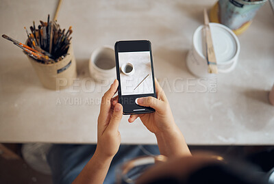 Buy stock photo Phone, pottery and hands take photo on screen for social media, blogging and creative website for art class. Workshop, smartphone and woman take picture of ceramic mug, clay sculpture and artwork
