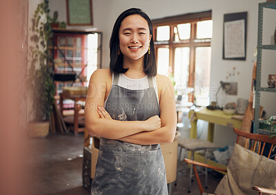 Buy stock photo Woman, potter or arms crossed portrait in pottery studio, small business or Asian ceramic workshop. Smile, happy or clay product worker and confidence, vision ideas or goals for creative store design