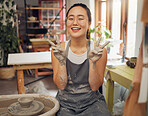 Pottery, peace and mud hand portrait of woman in workshop for small business art class. Asian person with happy emoji for wheel production or spinning as creative motivation, support and success.