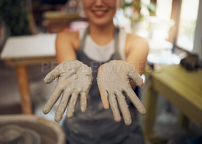 Buy stock photo Pottery, messy and clay hands of a woman at a workshop for creative small business, art and working on design. Mud, show and professional artist in a studio for handmade artistic creativity at work