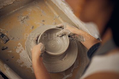 Buy stock photo Clay, pottery or hands in workshop studio working on a cup sculpture or mug mold in small business. Creative, artistic person or talented worker manufacturing handicraft products in designing process