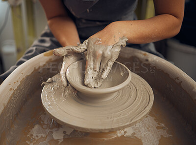 Buy stock photo Clay, pottery or hands in designer workshop working on an artistic cup or mug mold in small business studio. Hand of creative artist or worker manufacturing handicraft products in sculpture process