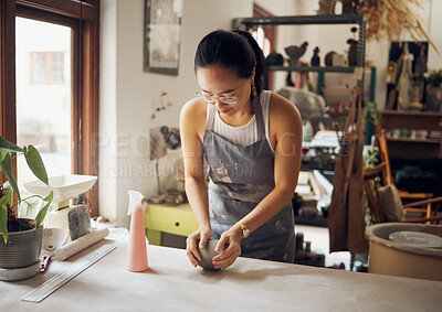 Buy stock photo Design, sculpt and pottery business woman with clay for creativity, inspiration and art process in workshop. Creative, small business and asian girl working at artistic workspace in Tokyo, Japan


