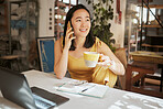 Phone call, coffee and Asian woman for creative startup in planning, online conversation and talking to client. Communication, network and girl with laptop, smartphone and notebook for art business