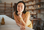 Asian woman, success portrait and ceramic workshop or art studio for product manufacturing, sculpture artist and creativity retail store. Pottery, artistic woman face and happy creative artwork 