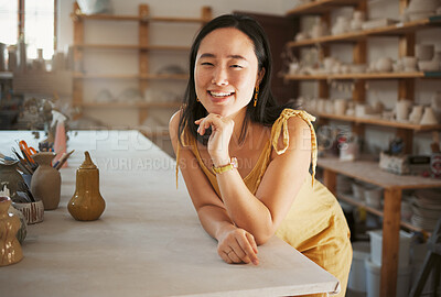 Buy stock photo Asian woman, smile portrait and ceramic art studio for product manufacturing workshop, sculpture artist and creativity retail store. Pottery, artistic woman business and creative artwork happiness